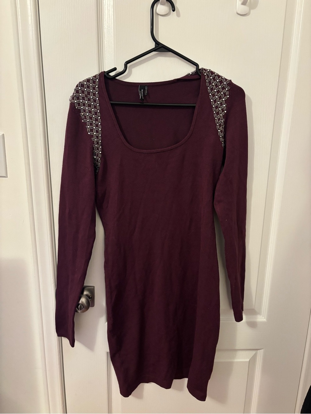 Embellished Shoulder Burgundy Long Sleeve Knit Dress
